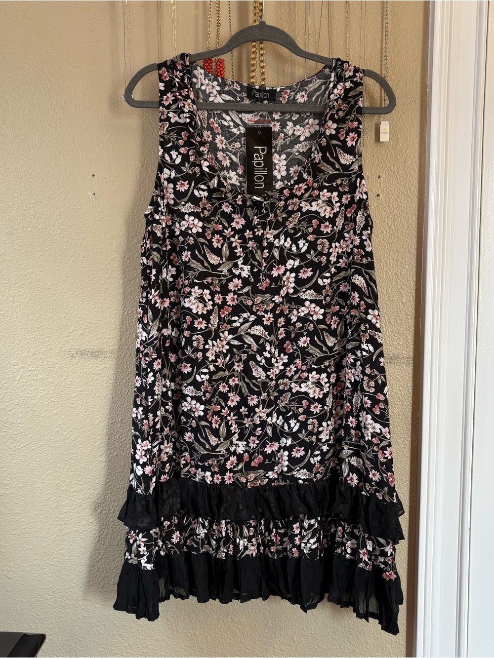 Papillon Black Dress with Floral Print and Ruffle Hem